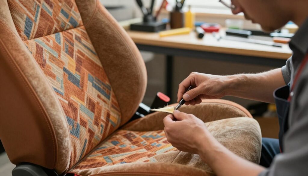 A close-up view of a car's fabric upholstery being repaired. The foreground features a skilled technician in a professional work shirt, focused on mending the fabric with stitching tools, showcasing meticulous attention to detail. The middle ground includes a partially disassembled car seat with a vibrant patterned fabric, highlighting textures like soft cotton blended with polyester, in warm earthy tones. The background should depict a well-lit workshop space with tools neatly organized on a workbench, ambient light illuminating the area to create a warm and inviting atmosphere. The overall mood is industrious and practical, representing the process of restoring automotive upholstery to its original aesthetic appeal. A close-up view of a car's fabric upholstery being repaired. The foreground features a skilled technician in a professional work shirt, focused on mending the fabric with stitching tools, showcasing meticulous attention to detail. The middle ground includes a partially disassembled car seat with a vibrant patterned fabric, highlighting textures like soft cotton blended with polyester, in warm earthy tones. The background should depict a well-lit workshop space with tools neatly organized on a workbench, ambient light illuminating the area to create a warm and inviting atmosphere. The overall mood is industrious and practical, representing the process of restoring automotive upholstery to its original aesthetic appeal.