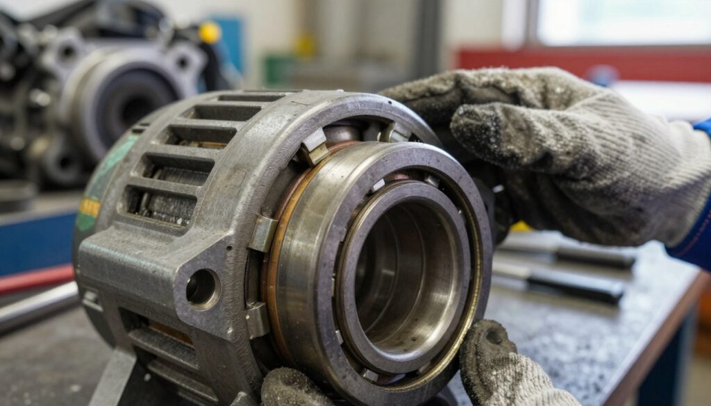 A close-up view of a damaged alternator bearing, showcasing intricate details of wear and tear, such as cracks and discolored metal surfaces. The foreground features the bearing with metal dust and faint scratches. In the middle ground, a mechanic's hand in professional work gloves examines the bearing, highlighting the importance of maintenance. The background subtly shows a workshop environment with tools and a blurred engine in soft focus. Natural lighting illuminates the scene, casting soft shadows that enhance the textures of the bearing and the surroundings. The mood is serious and informative, emphasizing the risks associated with driving a vehicle with a faulty bearing. A close-up view of a damaged alternator bearing, showcasing intricate details of wear and tear, such as cracks and discolored metal surfaces. The foreground features the bearing with metal dust and faint scratches. In the middle ground, a mechanic's hand in professional work gloves examines the bearing, highlighting the importance of maintenance. The background subtly shows a workshop environment with tools and a blurred engine in soft focus. Natural lighting illuminates the scene, casting soft shadows that enhance the textures of the bearing and the surroundings. The mood is serious and informative, emphasizing the risks associated with driving a vehicle with a faulty bearing.