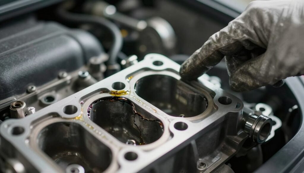 A close-up view of a damaged cylinder head gasket on an engine, depicting clear signs of wear and leakage. The foreground features the gasket with visible cracks and oil seepage, highlighted by soft, diffused lighting to accentuate the texture and details. In the middle ground, a mechanic's hand, wearing a safety glove, gently points to the gasket, emphasizing the need for inspection. The background shows blurred engine components, creating a workshop ambiance with faint reflections of tools and shadows. The atmosphere conveys a sense of seriousness and attention to detail, suitable for diagnosing automotive issues. Use a shallow depth of field for focus on the gasket while keeping the surrounding elements slightly out of focus. A close-up view of a damaged cylinder head gasket on an engine, depicting clear signs of wear and leakage. The foreground features the gasket with visible cracks and oil seepage, highlighted by soft, diffused lighting to accentuate the texture and details. In the middle ground, a mechanic's hand, wearing a safety glove, gently points to the gasket, emphasizing the need for inspection. The background shows blurred engine components, creating a workshop ambiance with faint reflections of tools and shadows. The atmosphere conveys a sense of seriousness and attention to detail, suitable for diagnosing automotive issues. Use a shallow depth of field for focus on the gasket while keeping the surrounding elements slightly out of focus.