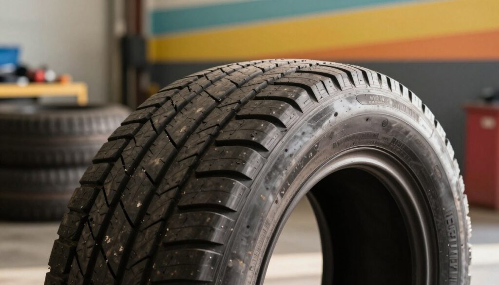 A close-up view of a detailed, well-worn retreaded tire, showcasing the unique tread patterns that indicate it is a recapped tire. The foreground features the tire prominently, highlighting the grooves and surface texture that emphasize safety compliance. In the middle ground, place a soft-focus garage setting with tools and tire maintenance equipment, suggesting an environment of careful inspection and maintenance. The background includes a blurred gradient of automotive-themed colors, evoking a sense of professionalism and reliability. Warm, natural lighting creates a welcoming atmosphere, casting gentle shadows that enhance the tire’s details. The angle is slightly tilted to present a dynamic perspective, focusing purely on the tire without any text or distractions.