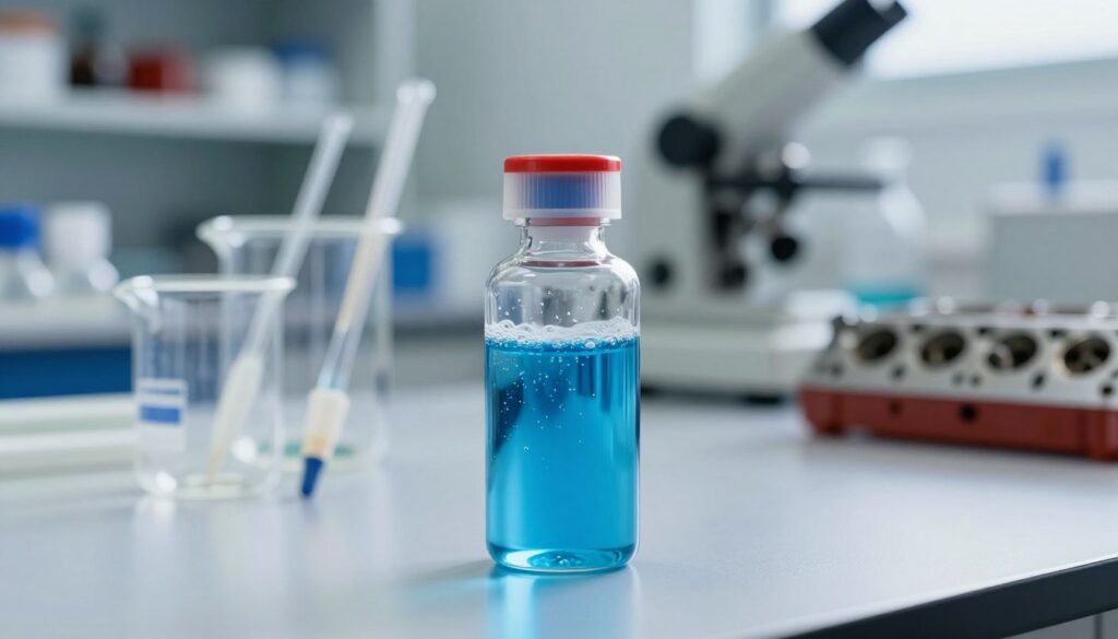 A close-up view of a diagnostic fluid, specifically a reactive coolant, used in engine systems to test for head gasket integrity. In the foreground, a clear vial of bright blue diagnostic fluid sits on a glossy, reflective surface, showing bubbles and slight vapor condensation. The middle ground features laboratory equipment, such as pipettes and beakers, arranged on a clean workbench, suggesting a professional diagnostic setting. In the background, softly blurred shelves filled with various engine components create context. The lighting is bright and clinical, enhancing the vivid color of the coolant, with a focus on clarity and detail. The atmosphere feels precise and scientific, evoking a sense of trust in the diagnostic process. A close-up view of a diagnostic fluid, specifically a reactive coolant, used in engine systems to test for head gasket integrity. In the foreground, a clear vial of bright blue diagnostic fluid sits on a glossy, reflective surface, showing bubbles and slight vapor condensation. The middle ground features laboratory equipment, such as pipettes and beakers, arranged on a clean workbench, suggesting a professional diagnostic setting. In the background, softly blurred shelves filled with various engine components create context. The lighting is bright and clinical, enhancing the vivid color of the coolant, with a focus on clarity and detail. The atmosphere feels precise and scientific, evoking a sense of trust in the diagnostic process.
