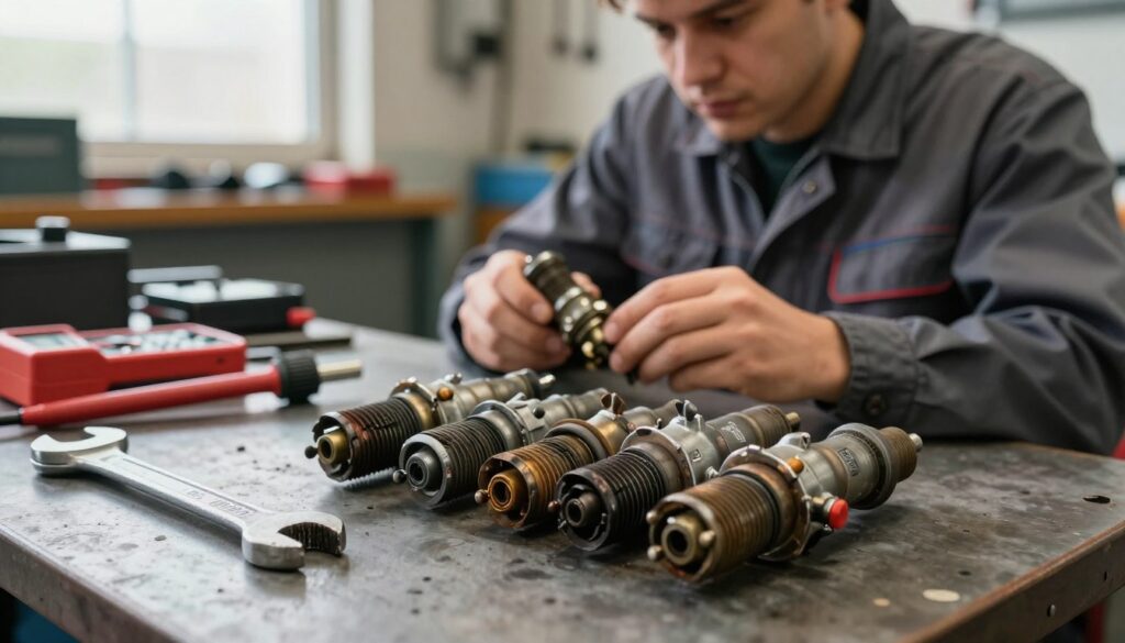 A close-up view of a diesel engine's glow plugs lying on a workbench, showcasing signs of damage and wear. The foreground presents several glow plugs, some corroded and others cracked, with tools like a wrench and a multimeter beside them, highlighting the diagnostic process. In the middle, a mechanic in professional attire inspects the glow plugs, concentrated and engaged in troubleshooting. The background features an organized garage filled with automotive tools and equipment, softly lit with natural light filtering through a window, creating a practical, focused atmosphere. This detailed scene illustrates the common symptoms of faulty glow plugs, emphasizing technical assessment before winter.