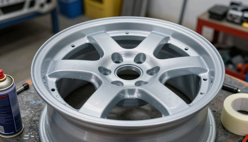 A close-up view of a freshly painted steel wheel, showcasing the glossy finish of the paint while small droplets of water on its surface indicate recent application. The wheel is positioned on a workbench, surrounded by common painting tools like a spray can and masking tape, suggesting preparation process. Soft, diffused lighting highlights the texture of the wheel and paint, casting subtle shadows to enhance depth. In the background, a blurred garage setting filled with tools and car parts gives context to the automotive theme. The atmosphere is professional but relaxed, focusing on the meticulous nature of painting and drying times. The image should feel clean and organized, evoking a sense of craftsmanship in wheel preparation.