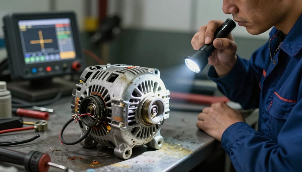 A close-up view of a malfunctioning car alternator, showcasing visible signs of wear and tear, such as frayed wires and corrosion. In the foreground, have an automotive technician dressed in a professional mechanic's uniform inspecting the alternator with a flashlight, highlighting the intricate details of the unit. In the middle ground, display tools scattered on a workbench, alongside diagnostic equipment indicating a battery warning. The background should be a dimly lit garage with subtle ambient lighting, emphasizing the seriousness of the situation. Soft shadows create a tense atmosphere, reflecting the urgency of addressing the alternator's malfunction. The image should convey a sense of caution and professionalism, focusing on the warning signals of a failing alternator.