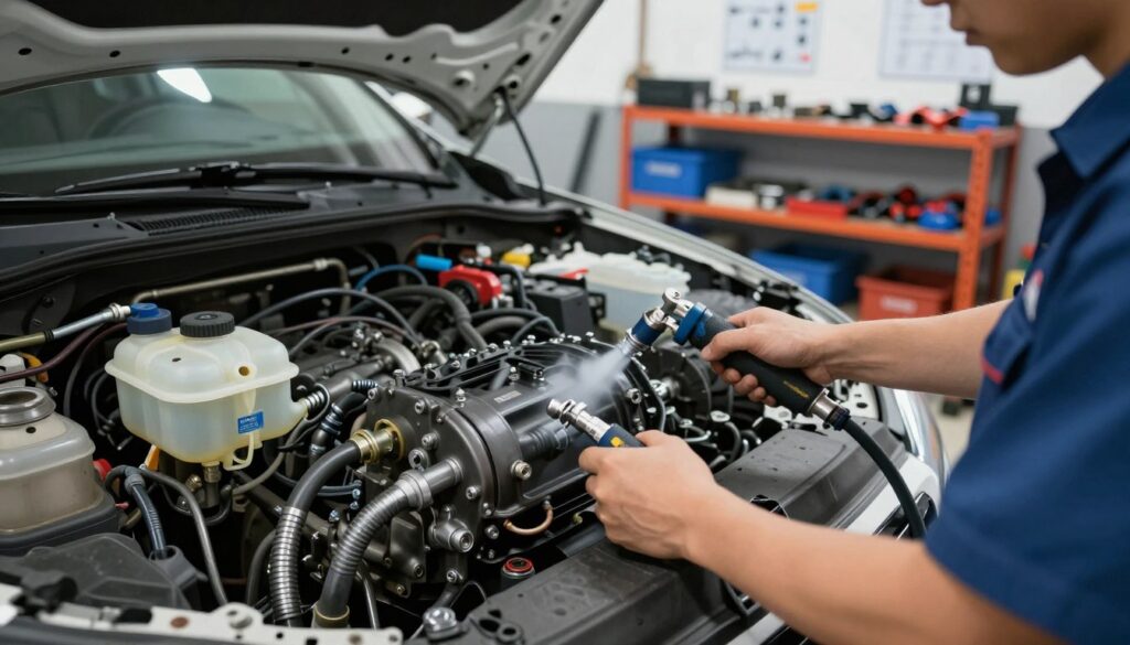 A close-up view of a mechanic demonstrating alternative techniques for bleeding a hydraulic clutch system. In the foreground, a technician in professional attire is using specialized tools, such as a vacuum pump and hoses, to bleed air from the clutch master cylinder. The middle ground features an open car hood, showcasing the exposed clutch components and hydraulic lines, with clear fluid reservoirs visible. The background depicts a well-organized garage with shelves filled with automotive tools and diagrams. The lighting is bright and focused on the technician's work, creating a clean and industrious atmosphere. The image conveys a sense of expertise and precision in automotive maintenance without any distractions or extraneous elements. A close-up view of a mechanic demonstrating alternative techniques for bleeding a hydraulic clutch system. In the foreground, a technician in professional attire is using specialized tools, such as a vacuum pump and hoses, to bleed air from the clutch master cylinder. The middle ground features an open car hood, showcasing the exposed clutch components and hydraulic lines, with clear fluid reservoirs visible. The background depicts a well-organized garage with shelves filled with automotive tools and diagrams. The lighting is bright and focused on the technician's work, creating a clean and industrious atmosphere. The image conveys a sense of expertise and precision in automotive maintenance without any distractions or extraneous elements.