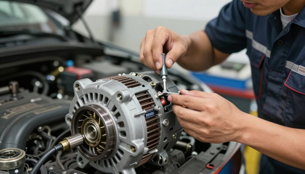 A close-up view of a mechanic in a well-lit garage, wearing professional attire, inspecting an automobile alternator. The foreground features the intricate details of the alternator, showcasing its components like the rotor, stator, and bearings. The mechanic is using a tool to check for wear signs, reflecting a focus on maintenance. In the background, blurred tools and car parts create a busy workshop atmosphere. Soft, natural lighting emphasizes the metallic textures and creates a sense of urgency about proper care. The image conveys an atmosphere of professionalism and diligence, highlighting the importance of regular alternator maintenance to prevent costly repairs. A close-up view of a mechanic in a well-lit garage, wearing professional attire, inspecting an automobile alternator. The foreground features the intricate details of the alternator, showcasing its components like the rotor, stator, and bearings. The mechanic is using a tool to check for wear signs, reflecting a focus on maintenance. In the background, blurred tools and car parts create a busy workshop atmosphere. Soft, natural lighting emphasizes the metallic textures and creates a sense of urgency about proper care. The image conveys an atmosphere of professionalism and diligence, highlighting the importance of regular alternator maintenance to prevent costly repairs.