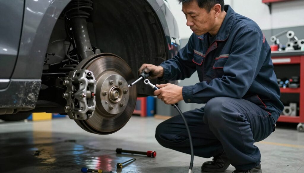 A close-up view of a mechanic working on a car brake system, focusing on the process of bleeding brakes. The mechanic, a middle-aged man in a professional mechanic outfit, is crouching beside the rear wheel of a vehicle, holding a wrench and a bleeder tool. In the foreground, a detailed view of the car's wheel is visible, with shiny brake calipers and a reflection of tools on the ground. The middle ground features the mechanic's focused expression as he inspects the brake line. Soft ambient light illuminates the garage, creating a calm and professional atmosphere. The background showcases an organized workspace with various tools and equipment neatly arranged on a workbench, enhancing the sense of professionalism and expertise.