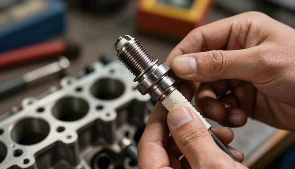 A close-up view of a mechanic's hand holding a spark plug, with visible signs of insufficient tightening, such as a slight gap between the spark plug and the engine head. The scene is illuminated by warm, focused lighting, creating a dramatic contrast that emphasizes the sleek metallic surfaces of the engine components. In the background, blurred tools and equipment typical of an automotive workshop can be loosely seen, adding context without distraction. The atmosphere conveys a sense of caution and the importance of precision, highlighting the potential consequences of weak tightening. The angle is slightly tilted to create depth, focusing attention on the spark plug while maintaining a professional and clean aesthetic. A close-up view of a mechanic's hand holding a spark plug, with visible signs of insufficient tightening, such as a slight gap between the spark plug and the engine head. The scene is illuminated by warm, focused lighting, creating a dramatic contrast that emphasizes the sleek metallic surfaces of the engine components. In the background, blurred tools and equipment typical of an automotive workshop can be loosely seen, adding context without distraction. The atmosphere conveys a sense of caution and the importance of precision, highlighting the potential consequences of weak tightening. The angle is slightly tilted to create depth, focusing attention on the spark plug while maintaining a professional and clean aesthetic.