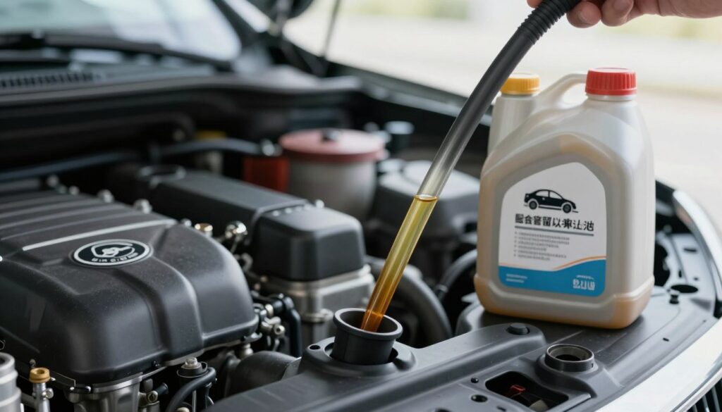 A close-up view of a modern car engine bay with a prominent oil dipstick and engine oil container, emphasizing the mechanics of oil change intervals. In the foreground, depict the oil dipstick being pulled out, showcasing the oil's color and viscosity, indicating its health. The middle ground should feature a well-maintained engine with clean parts, and an oil filter nearby to highlight its importance in maintenance. In the background, a faint silhouette of an automotive manufacturer logo is visible. Use soft, diffused natural lighting to create a clean and informative atmosphere, reflecting professionalism. The lens should have a shallow depth of field, bringing attention to the oil dipstick while softly blurring the background for focus.