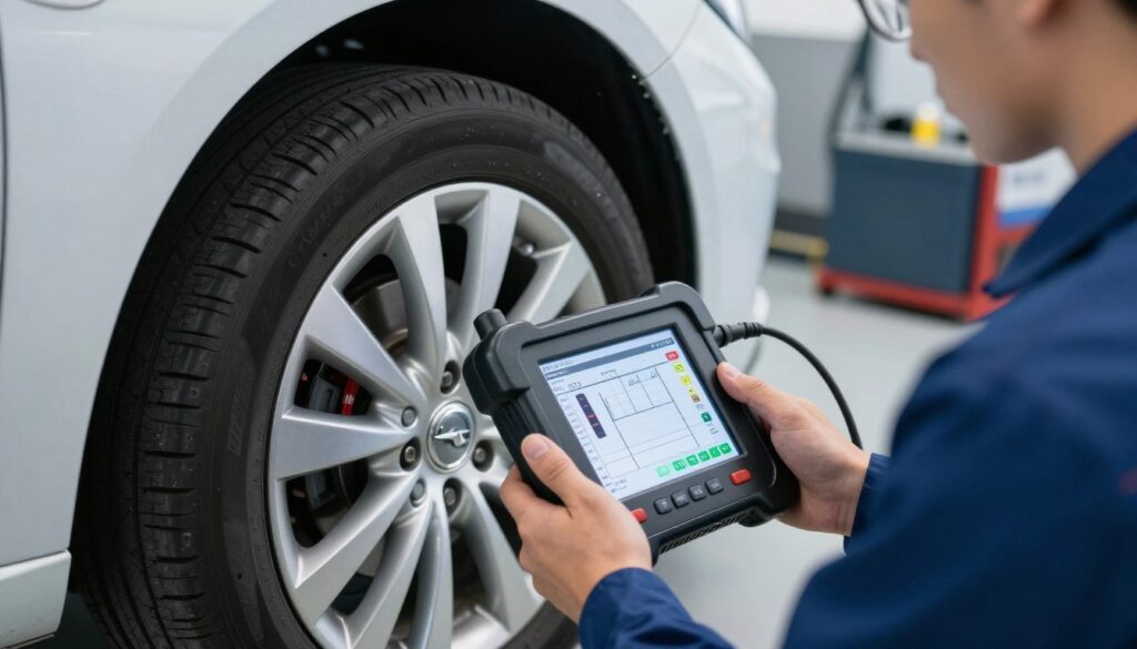 A close-up view of a modern diagnostic tool displaying tire pressure readings, set against a backdrop of an Opel Astra K parked in a well-lit garage. In the foreground, a professional technician, dressed in a smart uniform, is holding the diagnostic tool with focused attention. The tool's screen showcases detailed graphs and values related to tire pressure sensor diagnostics. The middle ground features the vehicle's tire, with clear visibility of its valve and sensor, while the background highlights garage equipment and tools in soft focus, creating a technical ambiance. The overall lighting is bright but soft, reflecting a sterile yet inviting workshop environment, emphasizing precision and professionalism in tire maintenance. A close-up view of a modern diagnostic tool displaying tire pressure readings, set against a backdrop of an Opel Astra K parked in a well-lit garage. In the foreground, a professional technician, dressed in a smart uniform, is holding the diagnostic tool with focused attention. The tool's screen showcases detailed graphs and values related to tire pressure sensor diagnostics. The middle ground features the vehicle's tire, with clear visibility of its valve and sensor, while the background highlights garage equipment and tools in soft focus, creating a technical ambiance. The overall lighting is bright but soft, reflecting a sterile yet inviting workshop environment, emphasizing precision and professionalism in tire maintenance.