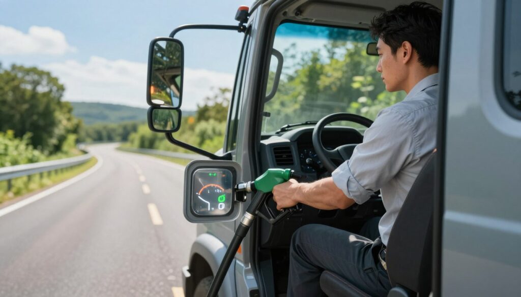 A close-up view of a modern diesel vehicle on a winding road, showcasing a driver in professional attire, focused on smooth driving techniques. The background features lush greenery and a clear blue sky, emphasizing an eco-friendly atmosphere. In the foreground, a transparent fuel gauge subtly indicates fluctuating levels, symbolizing the impact of driving style on fuel efficiency. The image is brightly lit, mimicking natural daylight, with a slight lens flare creating a dynamic yet realistic effect. Capture the sense of balance and harmony between the vehicle and the environment, reflecting the theme of fuel economy influenced by driving behavior.