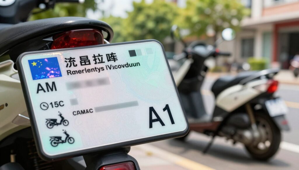 A close-up view of a modern motorcycle license document displayed prominently in the foreground, showcasing the official features such as holograms and security elements. The license belongs to a category AM and A1, with symbols representing scooters and 125cc motorcycles. In the middle ground, a blurred image of a scooter parked on a scenic street hints at the practical use of the license. The background features vibrant urban scenery with greenery and soft sunlight filtering through the trees, creating an inviting atmosphere. The overall mood is informative and dynamic, capturing the essence of legal riding privileges. The lighting should be natural, providing clarity to the license details without harsh shadows. A close-up view of a modern motorcycle license document displayed prominently in the foreground, showcasing the official features such as holograms and security elements. The license belongs to a category AM and A1, with symbols representing scooters and 125cc motorcycles. In the middle ground, a blurred image of a scooter parked on a scenic street hints at the practical use of the license. The background features vibrant urban scenery with greenery and soft sunlight filtering through the trees, creating an inviting atmosphere. The overall mood is informative and dynamic, capturing the essence of legal riding privileges. The lighting should be natural, providing clarity to the license details without harsh shadows.