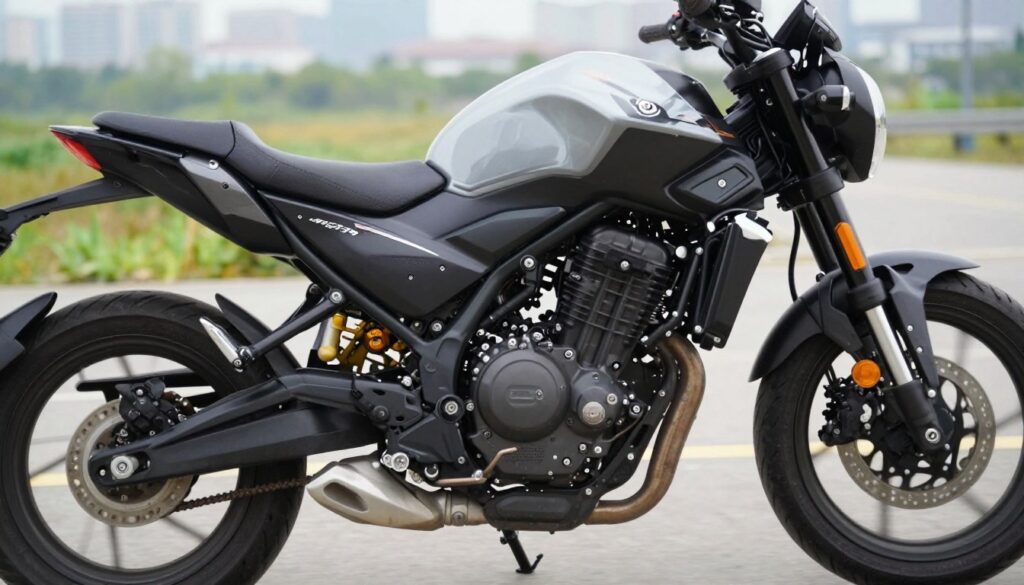 A close-up view of a motorcycle showcasing its key technical parameters, including a sleek frame, comfortable seat, compact design, and essential features for a rider of 170 cm height. The foreground features a detailed focus on the seat height and handlebars, emphasizing accessibility and comfort. In the middle ground, display the motorcycle's engine and tires, illustrating performance and stability. The background should have a soft-focus image of a cityscape or countryside road to suggest exploration and adventure. Use natural lighting for a vibrant atmosphere, capturing the essence of freedom associated with riding. The image should convey a sense of professionalism and confidence, perfect for an informative article about motorcycle specifications. A close-up view of a motorcycle showcasing its key technical parameters, including a sleek frame, comfortable seat, compact design, and essential features for a rider of 170 cm height. The foreground features a detailed focus on the seat height and handlebars, emphasizing accessibility and comfort. In the middle ground, display the motorcycle's engine and tires, illustrating performance and stability. The background should have a soft-focus image of a cityscape or countryside road to suggest exploration and adventure. Use natural lighting for a vibrant atmosphere, capturing the essence of freedom associated with riding. The image should convey a sense of professionalism and confidence, perfect for an informative article about motorcycle specifications.