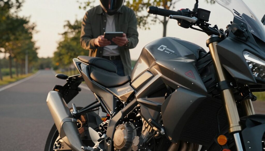 A close-up view of a motorcycle, showcasing its sleek design and detailing, positioned in the foreground. The motorcycle represents the concept of "power-to-weight ratio," featuring visible specifications of engine power and weight. In the middle ground, a rider dressed in professional casual attire is examining the motorcycle, contemplating its suitability for different riding styles. The background features a tranquil road scene with trees lining the route, and a soft, golden hour light illuminates the entire setting, casting warm shadows. The perspective is slightly angled from a low viewpoint, emphasizing both the motorcycle's powerful stance and the thoughtful expression of the rider. The overall mood is reflective and aspirational, encouraging viewers to consider their own riding preferences.