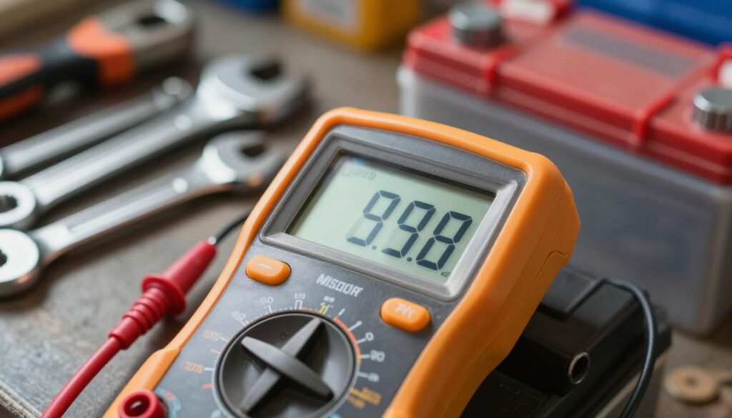 A close-up view of a multimeter displaying the resting voltage of a car battery, with the background featuring tools commonly found in a home garage. In the foreground, the multimeter is sleek and modern, showing clear digital readings against a blurred backdrop of wrenches and a toolbox, creating a sense of focused detail. The lighting is bright and natural, illuminating the multimeter while casting soft shadows from the tools around it. This image should evoke a sense of practicality and technical accuracy, conveying the essence of checking a battery’s charge in a DIY context. The atmosphere should feel professional and informative, ideal for a technical article. A close-up view of a multimeter displaying the resting voltage of a car battery, with the background featuring tools commonly found in a home garage. In the foreground, the multimeter is sleek and modern, showing clear digital readings against a blurred backdrop of wrenches and a toolbox, creating a sense of focused detail. The lighting is bright and natural, illuminating the multimeter while casting soft shadows from the tools around it. This image should evoke a sense of practicality and technical accuracy, conveying the essence of checking a battery’s charge in a DIY context. The atmosphere should feel professional and informative, ideal for a technical article.