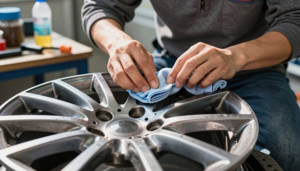 A close-up view of a person carefully cleaning an alloy wheel, highlighting specific techniques to avoid damage. The foreground shows a well-maintained alloy wheel with sparkling clean spokes, glimmering under natural sunlight, illustrating the difference between a clean and dirty rim. The middle ground features the person, dressed in professional casual attire, using a soft cloth and a gentle cleaning solution, demonstrating proper cleaning techniques. In the background, an organized workshop with tools and cleaning supplies can be seen, adding context to the cleaning process. The lighting is bright and natural, creating a vibrant atmosphere that emphasizes cleanliness and precision. The overall mood is focused and professional, showcasing the importance of proper care for alloy wheels.