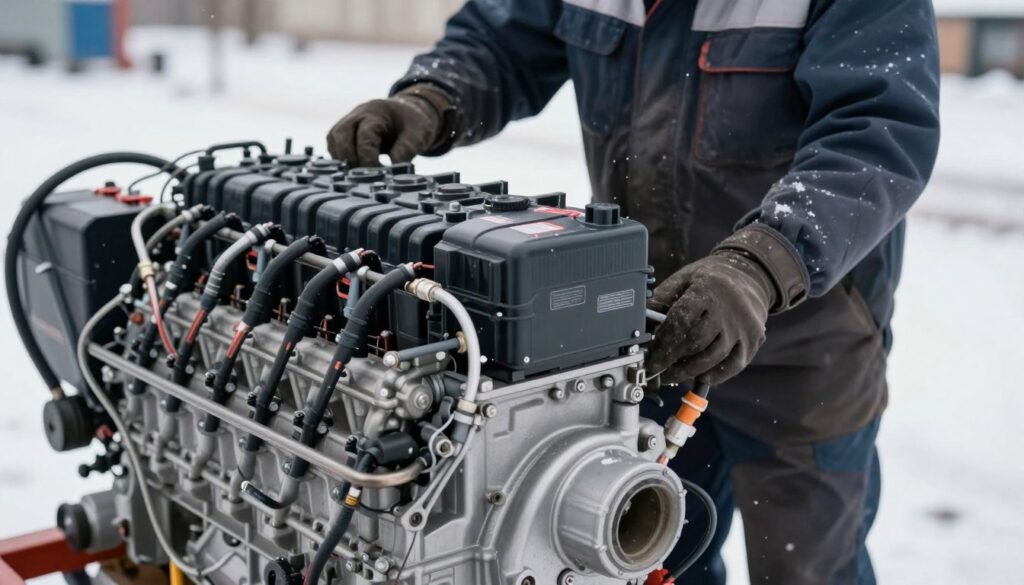 A close-up view of a powerful diesel engine being started in a winter setting. In the foreground, emphasize the intricate components of the engine, with particular focus on the battery and wiring system responsible for the engine's starting current. The middle ground features a mechanic in professional attire, carefully inspecting the engine's parts to ensure optimal performance in cold weather. In the background, softly falling snow creates a chilly atmosphere, while a winter landscape is slightly blurred to maintain focus on the engine. The lighting is cool and natural, with subtle highlights reflecting off the metal surfaces, evoking a technical, professional vibe. Capture the essence of energy demands in diesel engines, emphasizing the connection between engine capacity and starting energy requirements.