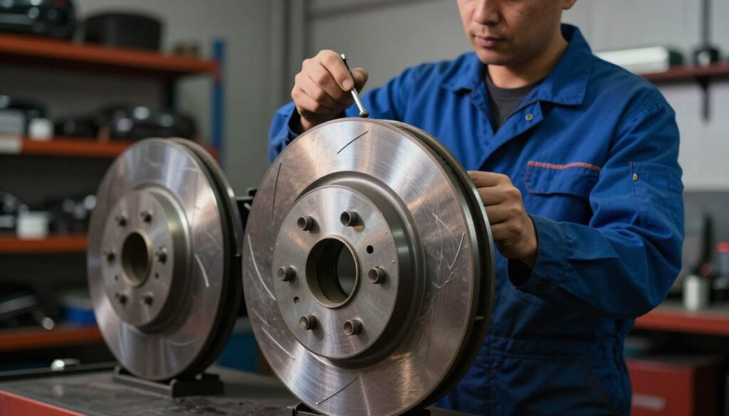 A close-up view of a set of warped brake discs (tarcze hamulcowe) displayed prominently in the foreground, showcasing their uneven surfaces and highlighting the distortions that can lead to steering vibrations during light braking. The middle ground features a mechanic in a professional blue jumpsuit, examining the discs with precision tools, embodying a sense of expertise and focus. The background includes a dimly lit workshop atmosphere, with blurred shelves of automotive parts and equipment, creating a sense of depth. Soft, directed lighting highlights the glossy metallic surfaces of the brake discs, casting subtle shadows, while a slight vignette effect draws attention to the central elements. The overall mood conveys a serious tone of diagnostics and mechanical analysis.