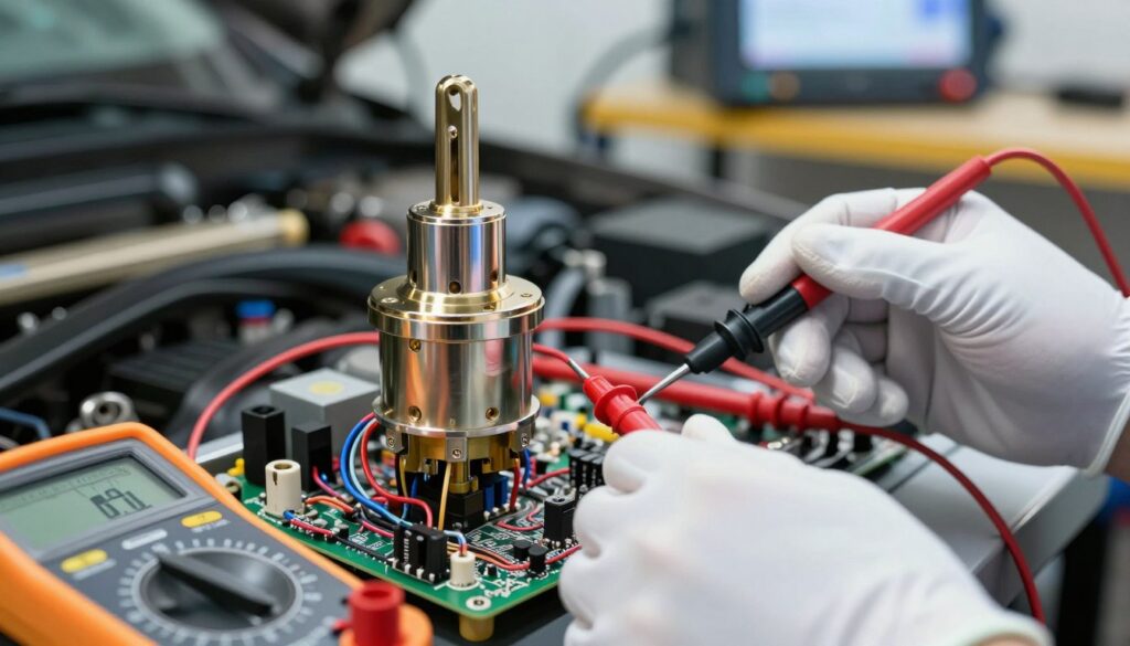 A close-up view of a throttle position sensor (TPS) being analyzed for electrical diagnostics, positioned prominently in the foreground. The TPS is surrounded by various electrical tools such as a multimeter displaying voltage readings, and a technician's hand wearing a clean white glove is shown measuring resistance with precision probes. The middle ground showcases a detailed circuit board with wires and connectors, emphasizing electrical pathways. In the background, soft focus reveals a well-lit automotive workshop with shelves of tools and diagnostic equipment. The lighting is bright, highlighting the metallic sheen of the sensor and tools, evoking a professional and methodical atmosphere. The angle captures a dynamic perspective, inviting viewers into the intricate world of automotive diagnostics without any text or overlays.