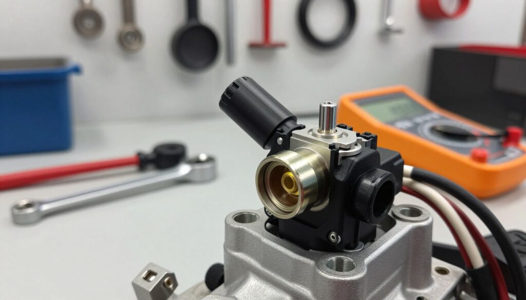 A close-up view of a throttle position sensor (TPS) situated on an automotive engine, highlighting its detailed design and wiring. The foreground features the sensor with visible electrical connectors and sensor apparatus, showcasing intricate metallic textures and plastic components. In the middle ground, tools like a torque wrench and multimeter are arranged neatly on a clean workbench, emphasizing a mechanic's workspace. The background includes a blurred image of an automotive shop, with tools hanging on the wall, creating a practical and engaged atmosphere. The lighting is bright, simulating daytime illumination, with a slight focus on the sensor for detailed clarity. The overall mood reflects professionalism and preparedness in an automotive repair setting, suitable for proper workspace preparation.