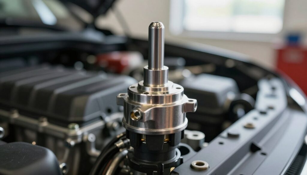 A close-up view of a throttle position sensor, showcasing its intricate design and metallic components. The sensor is situated prominently in the foreground, reflecting highlights from soft, focused lighting that emphasizes its texture and detail. In the middle ground, include a blurred-out engine compartment to provide context without distracting from the main subject. The background features a workshop environment, softly illuminated with natural light filtering through a window, creating a focused yet professional ambiance. The composition should convey a sense of precision and technicality, highlighting the importance of this automotive component in vehicle performance diagnostics.