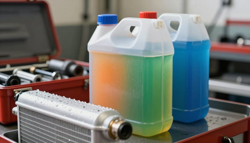 A close-up view of a transparent coolant container filled with vibrant colored coolant liquids, showcasing shades of green, orange, and blue, representing different types of antifreeze. The foreground features a clean, polished radiator cap partially open, with droplets of coolant glistening under natural light. In the middle ground, there's a toolbox with various automotive tools neatly arranged, indicating an environment of careful automotive maintenance. The background includes blurred images of an automotive workshop with soft-focus lights, creating a warm and professional atmosphere. The lighting is bright but soft, enhancing the colors of the coolant while maintaining clarity. The overall mood conveys a sense of professionalism and attention to detail in automotive care. A close-up view of a transparent coolant container filled with vibrant colored coolant liquids, showcasing shades of green, orange, and blue, representing different types of antifreeze. The foreground features a clean, polished radiator cap partially open, with droplets of coolant glistening under natural light. In the middle ground, there's a toolbox with various automotive tools neatly arranged, indicating an environment of careful automotive maintenance. The background includes blurred images of an automotive workshop with soft-focus lights, creating a warm and professional atmosphere. The lighting is bright but soft, enhancing the colors of the coolant while maintaining clarity. The overall mood conveys a sense of professionalism and attention to detail in automotive care.