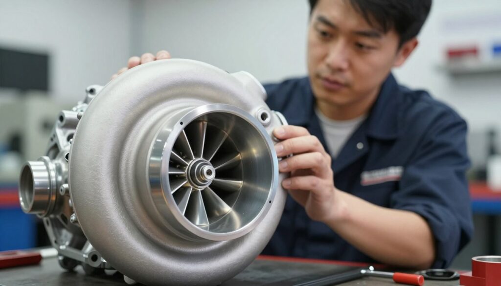 A close-up view of a turbocharger turbine, glimmering with intricate metallic details, showcasing its finely engineered components. The foreground features a partially disassembled turbine, revealing its inner workings, highlighted by sharp reflections and subtle shadows to emphasize the craftsmanship. In the middle ground, a technician—dressed in a professional business attire—carefully inspects the turbine, a focused expression on their face, suggesting expertise and care. The background is softly blurred, depicting a well-lit automotive workshop with tools and machinery, creating a sense of an active repair environment. The lighting is bright and even, enhancing the colors of the metal and creating a clear, informative atmosphere that invites viewers to ponder the nuances of turbocharger maintenance and performance. A close-up view of a turbocharger turbine, glimmering with intricate metallic details, showcasing its finely engineered components. The foreground features a partially disassembled turbine, revealing its inner workings, highlighted by sharp reflections and subtle shadows to emphasize the craftsmanship. In the middle ground, a technician—dressed in a professional business attire—carefully inspects the turbine, a focused expression on their face, suggesting expertise and care. The background is softly blurred, depicting a well-lit automotive workshop with tools and machinery, creating a sense of an active repair environment. The lighting is bright and even, enhancing the colors of the metal and creating a clear, informative atmosphere that invites viewers to ponder the nuances of turbocharger maintenance and performance.