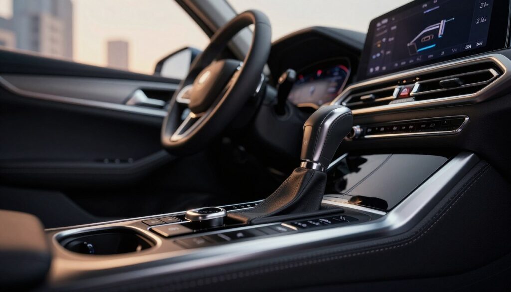 A close-up view of an automatic transmission gear shift located in a modern car interior, showcasing sleek, sophisticated design elements. The gear shift is elegantly illuminated by ambient LED lighting, highlighting its smooth, ergonomic contours. In the foreground, focus on the detailed texture of the transmission knob, while the middle ground features the dashboard with intuitive buttons and a digital display. The background reveals a soft-focus image of a cityscape through the car's windows, representing freedom and convenience. The overall mood is contemporary and dynamic, suggesting innovation and comfort, with warm, inviting lighting to enhance the atmosphere.