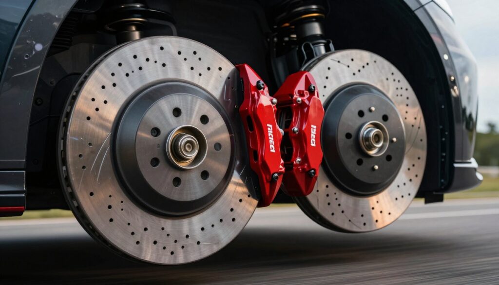 A close-up view of floating brake discs, showcasing their intricate design and functionality. In the foreground, highlight the perforated surface of the discs, emphasizing their cooling vents and unique shape. The middle ground features a high-performance vehicle's caliper, with its vibrant color contrasting against the metallic brake components. In the background, softly blurred hints of a dynamic automotive landscape evoke speed. The scene is illuminated with dramatic lighting that creates reflections on the discs, highlighting their engineering precision. The angle offers a slightly tilted perspective to enhance the dynamic feel, making it suitable for an article focused on advanced braking systems. Overall, the atmosphere is technical and sophisticated, capturing the essence of high-performance automotive engineering. A close-up view of floating brake discs, showcasing their intricate design and functionality. In the foreground, highlight the perforated surface of the discs, emphasizing their cooling vents and unique shape. The middle ground features a high-performance vehicle's caliper, with its vibrant color contrasting against the metallic brake components. In the background, softly blurred hints of a dynamic automotive landscape evoke speed. The scene is illuminated with dramatic lighting that creates reflections on the discs, highlighting their engineering precision. The angle offers a slightly tilted perspective to enhance the dynamic feel, making it suitable for an article focused on advanced braking systems. Overall, the atmosphere is technical and sophisticated, capturing the essence of high-performance automotive engineering.