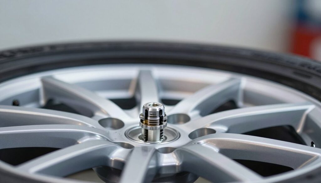 A close-up view of hidden valve stems on modern aluminum alloy wheels, showcasing sleek design and intricate details. The image should focus on a shiny, well-polished wheel with a hidden valve in the foreground, revealing the valve's engineering and integration. In the middle ground, a blurred, high-performance tire complements the wheel, while in the background, a soft gradient of a workshop setting provides context. The lighting should be bright and even, illuminating the metallic textures and reflections on the wheel surface, capturing an atmosphere of precision and innovation in automotive design. Ensure the composition is balanced, emphasizing both the valve and the wheel's elegance.