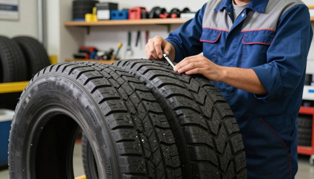 A close-up view of retreaded tires displayed in a well-lit automotive shop, showcasing their distinctive tread patterns and renewed surfaces. The foreground features a pair of clearly marked retreaded tires, with details like tread grooves and rubber texture highlighted under bright, natural lighting. In the middle ground, a mechanic in professional work attire examines the tread depth with a measuring tool, emphasizing the inspection process. The background displays shelves filled with various tire tools and equipment, creating an industrial atmosphere. The image should convey a sense of professionalism and expertise, inviting the viewer to learn about retreaded tires in a practical context. Use a slightly angled perspective to enhance depth and focus on the tire details.