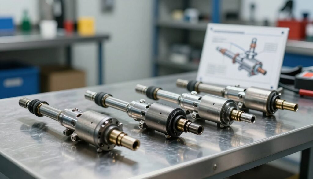A close-up view of various types of diesel injectors displayed on a clean, stainless steel workbench. The foreground features detailed shots of modern common rail injectors, outlining their fine nozzles and intricate designs. In the middle, injectors are arranged neatly beside a technical diagram illustrating their operation, with annotations in a soft blur for depth. The background shows a softly lit workshop environment, with shelves filled with automotive tools and parts, creating a sense of industriousness. The lighting is bright yet soft, capturing the metallic shine of the injectors, while a shallow depth of field focuses attention on the injectors themselves. The overall atmosphere is technical and professional, showcasing the precision engineering involved in diesel fuel injection systems.