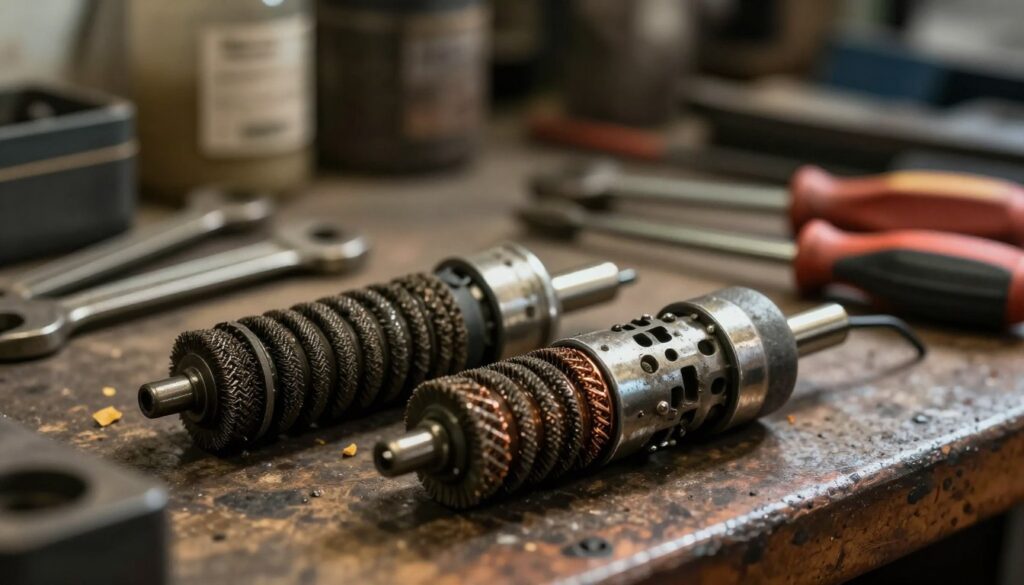 A close-up view of worn-out alternator brushes displayed on a sturdy workbench, showcasing their distinctive wear patterns and faded metallic surfaces. The brushes are positioned prominently in the foreground, with intricate details revealing the texture of the graphite and copper components. In the middle ground, tools commonly used for automotive maintenance—like a wrench and screwdriver—are softly blurred to emphasize the brushes. In the background, dimly lit garage surroundings hint at an automotive workshop atmosphere, with subtle reflections of light highlighting the workbench surface. The lighting is warm, creating a slightly nostalgic mood, suggesting the importance of regular vehicle maintenance. The angle captures the brushes from a slightly elevated perspective, inviting the viewer to examine the signs of wear and their implications for vehicle performance. A close-up view of worn-out alternator brushes displayed on a sturdy workbench, showcasing their distinctive wear patterns and faded metallic surfaces. The brushes are positioned prominently in the foreground, with intricate details revealing the texture of the graphite and copper components. In the middle ground, tools commonly used for automotive maintenance—like a wrench and screwdriver—are softly blurred to emphasize the brushes. In the background, dimly lit garage surroundings hint at an automotive workshop atmosphere, with subtle reflections of light highlighting the workbench surface. The lighting is warm, creating a slightly nostalgic mood, suggesting the importance of regular vehicle maintenance. The angle captures the brushes from a slightly elevated perspective, inviting the viewer to examine the signs of wear and their implications for vehicle performance.