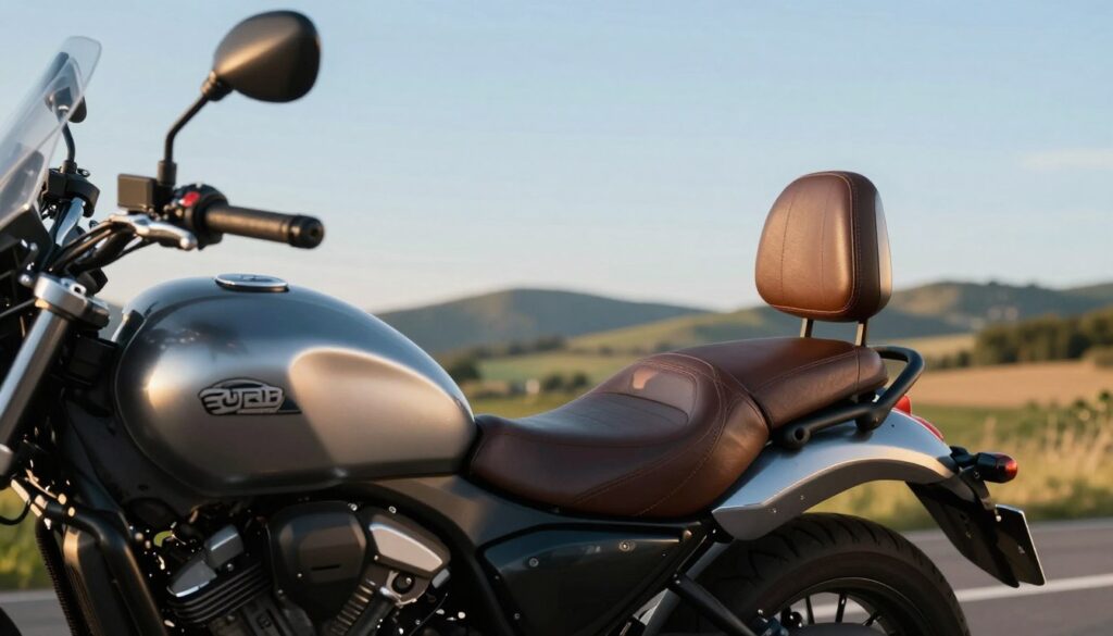 A comfortable motorcycle designed for two riders, showcasing an inviting passenger seat with plush cushioning and ergonomic support. The foreground features a stylish motorbike with a sleek, modern design, positioned at a slight angle to emphasize its features. In the middle ground, a second seat is prominently displayed, adorned with soft leather, ideal for extended journeys. The background includes a serene countryside landscape, accentuated by rolling hills and a clear blue sky. Soft, warm lighting creates a welcoming atmosphere, suggesting a late afternoon ride. The scene is captured from a low angle, giving a sense of grandeur to the motorcycle while highlighting its passenger comfort. The mood is relaxed and adventurous, evoking the joy of traveling together on scenic routes. A comfortable motorcycle designed for two riders, showcasing an inviting passenger seat with plush cushioning and ergonomic support. The foreground features a stylish motorbike with a sleek, modern design, positioned at a slight angle to emphasize its features. In the middle ground, a second seat is prominently displayed, adorned with soft leather, ideal for extended journeys. The background includes a serene countryside landscape, accentuated by rolling hills and a clear blue sky. Soft, warm lighting creates a welcoming atmosphere, suggesting a late afternoon ride. The scene is captured from a low angle, giving a sense of grandeur to the motorcycle while highlighting its passenger comfort. The mood is relaxed and adventurous, evoking the joy of traveling together on scenic routes.