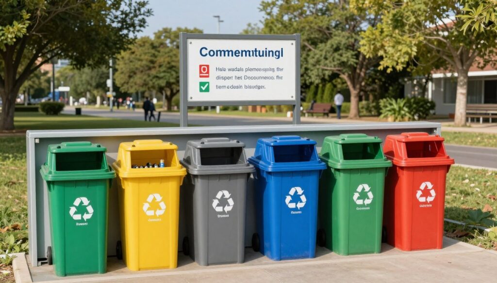 A community waste collection point, featuring clearly labeled bins for different types of waste including batteries, with an emphasis on proper disposal practices. In the foreground, neatly arranged recycling bins in vibrant colors, each marked for specific waste types, particularly one for old batteries. The middle ground showcases a clean, organized area with an informative sign directing community members on where to dispose of batteries legally and safely. The background consists of a park-like setting with green trees and a clear blue sky, evoking a sense of responsibility and cleanliness. The scene is well-lit with soft sunlight illuminating the area, creating an inviting atmosphere that promotes environmental awareness. The image should be depicted from a slightly elevated angle to capture the entire setup effectively.