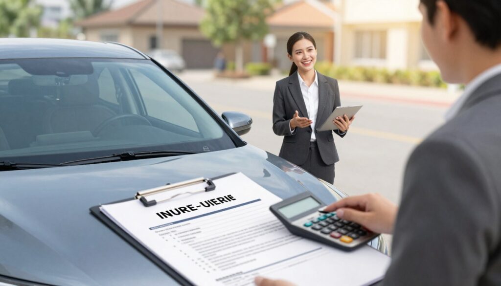 A conceptual illustration of short-term car insurance, focusing on a modern car parked in a safe, suburban environment. In the foreground, there's a clipboard with insurance documents and a calculator, symbolizing financial planning. The middle ground features the car, sleek and shiny, possibly a sedan, which represents a safe investment. In the background, a cheerful, professional woman in business attire is discussing with a friendly insurance agent, both engaged in a conversation about short-term coverage options. The scene is set in daylight, with soft, natural lighting that creates a warm and inviting atmosphere. The camera angle is slightly elevated, emphasizing both the car and the discussion, providing a sense of trust and clarity in insurance choices. A conceptual illustration of short-term car insurance, focusing on a modern car parked in a safe, suburban environment. In the foreground, there's a clipboard with insurance documents and a calculator, symbolizing financial planning. The middle ground features the car, sleek and shiny, possibly a sedan, which represents a safe investment. In the background, a cheerful, professional woman in business attire is discussing with a friendly insurance agent, both engaged in a conversation about short-term coverage options. The scene is set in daylight, with soft, natural lighting that creates a warm and inviting atmosphere. The camera angle is slightly elevated, emphasizing both the car and the discussion, providing a sense of trust and clarity in insurance choices.