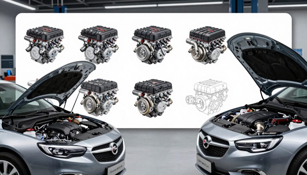A detailed analysis of first-generation engine units for the Opel Insignia, showcasing various engine models arranged in a professional, technical layout. In the foreground, feature a sleek vehicle with the hood slightly open, revealing an engine block with labeled components. In the middle ground, include detailed schematics or diagrams of different engine types, each clearly outlined with distinct features such as fuel injectors, turbochargers, and exhaust systems. The background should depict a modern automotive workshop with tools and machinery, illuminated with soft, diffused lighting to create a focused yet approachable atmosphere. Use an eye-level angle to give a clear view of the engines, highlighting their engineering complexity while maintaining a clean and organized aesthetic. A detailed analysis of first-generation engine units for the Opel Insignia, showcasing various engine models arranged in a professional, technical layout. In the foreground, feature a sleek vehicle with the hood slightly open, revealing an engine block with labeled components. In the middle ground, include detailed schematics or diagrams of different engine types, each clearly outlined with distinct features such as fuel injectors, turbochargers, and exhaust systems. The background should depict a modern automotive workshop with tools and machinery, illuminated with soft, diffused lighting to create a focused yet approachable atmosphere. Use an eye-level angle to give a clear view of the engines, highlighting their engineering complexity while maintaining a clean and organized aesthetic.
