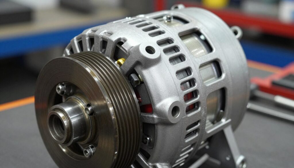 A detailed and close-up image of a pulley system, specifically focusing on an OAP and OAD type alternator clutch. In the foreground, the metallic texture of the pulley is emphasized, showing intricate grooves and surface wear indicative of usage. In the middle ground, the alternator is partially visible, showcasing its connections and components with a slight sheen reflecting ambient light. The background consists of a blurred mechanic's workshop, with tools and machinery suggesting a working environment. The lighting is bright, highlighting the precision of the mechanical parts, while soft shadows add depth. The atmosphere conveys a sense of technical detail and industrial professionalism, ideal for illustrating differences between these clutch types. A detailed and close-up image of a pulley system, specifically focusing on an OAP and OAD type alternator clutch. In the foreground, the metallic texture of the pulley is emphasized, showing intricate grooves and surface wear indicative of usage. In the middle ground, the alternator is partially visible, showcasing its connections and components with a slight sheen reflecting ambient light. The background consists of a blurred mechanic's workshop, with tools and machinery suggesting a working environment. The lighting is bright, highlighting the precision of the mechanical parts, while soft shadows add depth. The atmosphere conveys a sense of technical detail and industrial professionalism, ideal for illustrating differences between these clutch types.