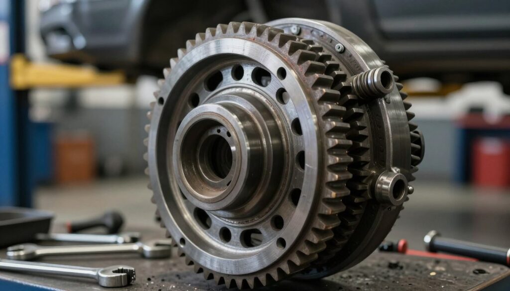 A detailed and close-up view of a dual-mass flywheel (koło dwumasowe) set against a blurred automotive workshop background. The foreground features the flywheel with its intricate gears and springs, showcasing signs of wear such as scratches and slight corrosion. Soft, focused lighting highlights the metallic texture, casting gentle shadows that enhance the three-dimensional aspects of the flywheel. In the middle ground, tools like wrenches and an automotive lift can be faintly discerned, suggesting an ongoing repair process. The overall atmosphere is one of urgency and technical reliability, evoking a sense of alertness about vehicle maintenance. The camera angle is slightly above eye level, creating a dynamic perspective that draws the viewer into the complexities of automotive repair.