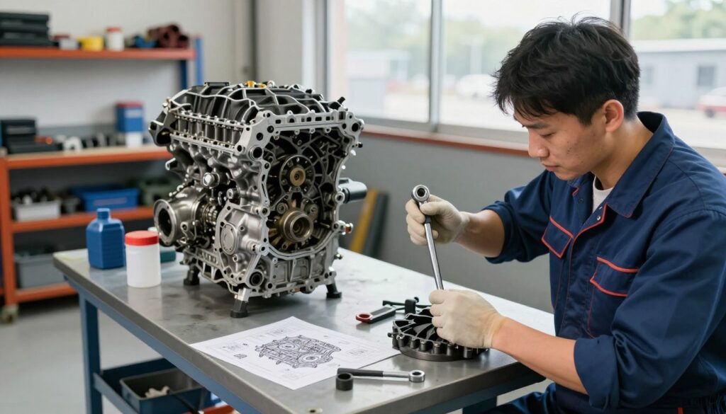 A detailed and informative automotive service scene showcasing the differences in servicing manual and automatic gearboxes. In the foreground, a skilled mechanic in professional attire demonstrates the manual transmission service, highlighting tools like a wrench and oil container. In the middle ground, an automatic gearbox is on a workbench, with diagrams of its internal components spread out, illustrating the complexity. The background features an organized garage with shelves of automotive tools and parts, well-lit by natural daylight filtering through large windows, creating a bright, informative atmosphere. The overall mood is professional and educational, emphasizing the importance of proper servicing techniques for both types of gearboxes. A detailed and informative automotive service scene showcasing the differences in servicing manual and automatic gearboxes. In the foreground, a skilled mechanic in professional attire demonstrates the manual transmission service, highlighting tools like a wrench and oil container. In the middle ground, an automatic gearbox is on a workbench, with diagrams of its internal components spread out, illustrating the complexity. The background features an organized garage with shelves of automotive tools and parts, well-lit by natural daylight filtering through large windows, creating a bright, informative atmosphere. The overall mood is professional and educational, emphasizing the importance of proper servicing techniques for both types of gearboxes.