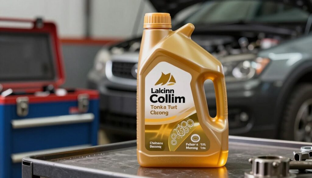 A detailed and visually striking image of a bottle of engine oil, prominently featuring the oil base as a key element. In the foreground, showcase the oil bottle with a sleek design, glistening under soft, warm LED lighting to highlight the rich golden hue of the oil inside. In the middle ground, include a mechanic’s toolbox and engine components subtly blurred to maintain focus on the oil bottle, suggesting a workshop environment. In the background, faintly outline a car engine, emphasizing the connection between engine oil and automotive performance. The overall atmosphere should convey professionalism and expertise, evoking a sense of trust in the quality of the product. Use a slightly elevated angle for a dynamic perspective that enhances the subject's importance.
