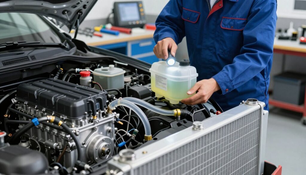 A detailed and well-maintained automotive cooling system in a well-lit workshop. In the foreground, a shiny, modern radiator with clear hoses connects to an engine block, demonstrating the components of the cooling system. In the middle ground, a mechanic dressed in professional business attire is inspecting the coolant levels in a transparent reservoir, using a flashlight to highlight the fluid's clarity. The background features tools neatly arranged on a workbench and diagnostic equipment, adding to the professional atmosphere. The lighting is bright, creating a clean and efficient workshop feel, emphasizing the importance of preventive maintenance in automotive care. The mood is focused and serious, reflecting the significance of proper cooling system management. A detailed and well-maintained automotive cooling system in a well-lit workshop. In the foreground, a shiny, modern radiator with clear hoses connects to an engine block, demonstrating the components of the cooling system. In the middle ground, a mechanic dressed in professional business attire is inspecting the coolant levels in a transparent reservoir, using a flashlight to highlight the fluid's clarity. The background features tools neatly arranged on a workbench and diagnostic equipment, adding to the professional atmosphere. The lighting is bright, creating a clean and efficient workshop feel, emphasizing the importance of preventive maintenance in automotive care. The mood is focused and serious, reflecting the significance of proper cooling system management.