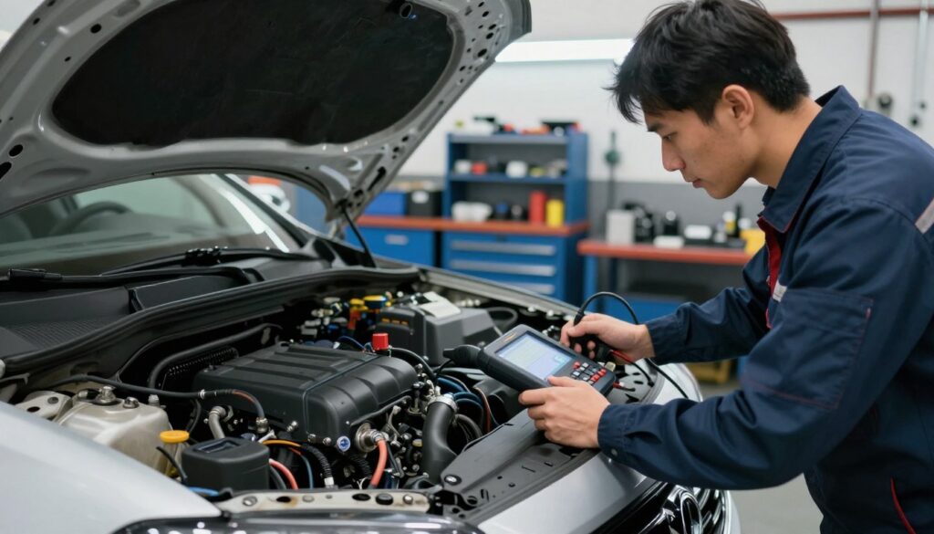A detailed automotive diagnostic scene featuring a mechanic inspecting an engine on a lift. In the foreground, show the mechanic, dressed in professional work attire, using a diagnostic scanner connected to the engine. The middle ground displays the open hood of a car, revealing various intricate engine components, wires, and diagnostic tools spread around. The background contains a well-equipped workshop with tool racks and fluorescent lighting casting a bright, focused light on the area. Capture the atmosphere of concentrated investigation and technical expertise, emphasizing a sense of urgency and precision. Use a slightly low angle to highlight the mechanic's focused expression, with a shallow depth of field to softly blur the background tools.