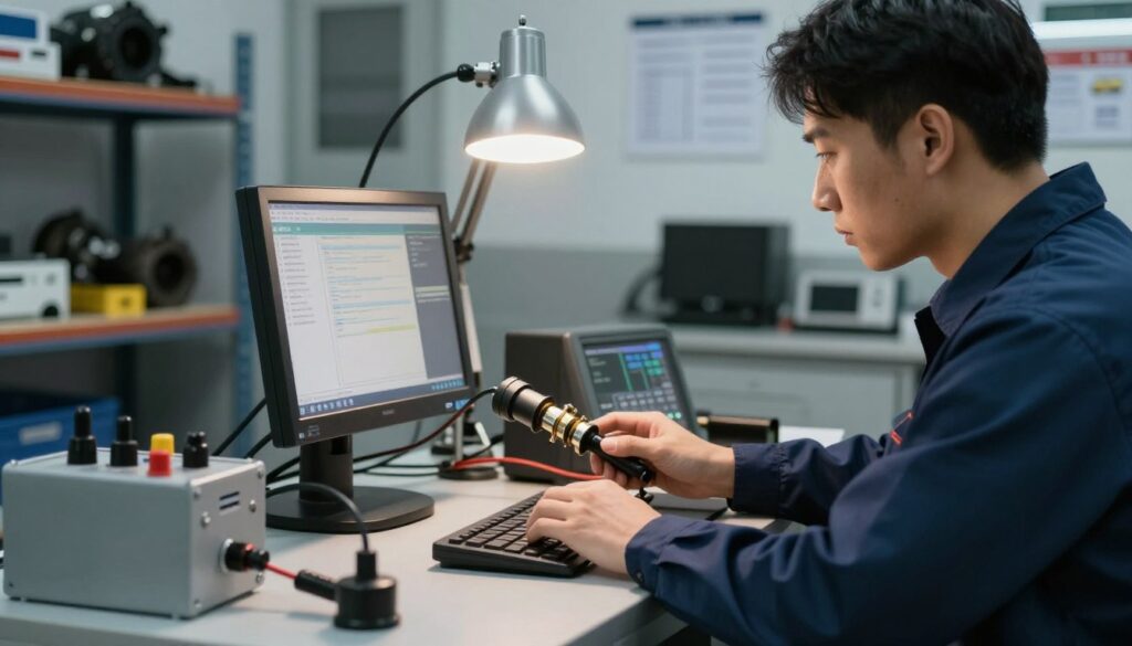 A detailed automotive diagnostic scene focused on a NOx sensor testing station. In the foreground, a technician in professional attire is working intently, using a diagnostic computer connected to a NOx sensor. The middle area features various automotive tools and equipment, with a focused light source illuminating the sensor and diagnostics display, creating a sharp contrast against a soft, blurred background of a garage environment. The background includes shelves with mechanical parts and diagnostic manuals, hinting at a professional workshop atmosphere. The mood is technical and purposeful, emphasizing precision and expertise in automotive diagnostics, with cool, neutral tones dominating the color palette to reflect a professional setting. A detailed automotive diagnostic scene focused on a NOx sensor testing station. In the foreground, a technician in professional attire is working intently, using a diagnostic computer connected to a NOx sensor. The middle area features various automotive tools and equipment, with a focused light source illuminating the sensor and diagnostics display, creating a sharp contrast against a soft, blurred background of a garage environment. The background includes shelves with mechanical parts and diagnostic manuals, hinting at a professional workshop atmosphere. The mood is technical and purposeful, emphasizing precision and expertise in automotive diagnostics, with cool, neutral tones dominating the color palette to reflect a professional setting.