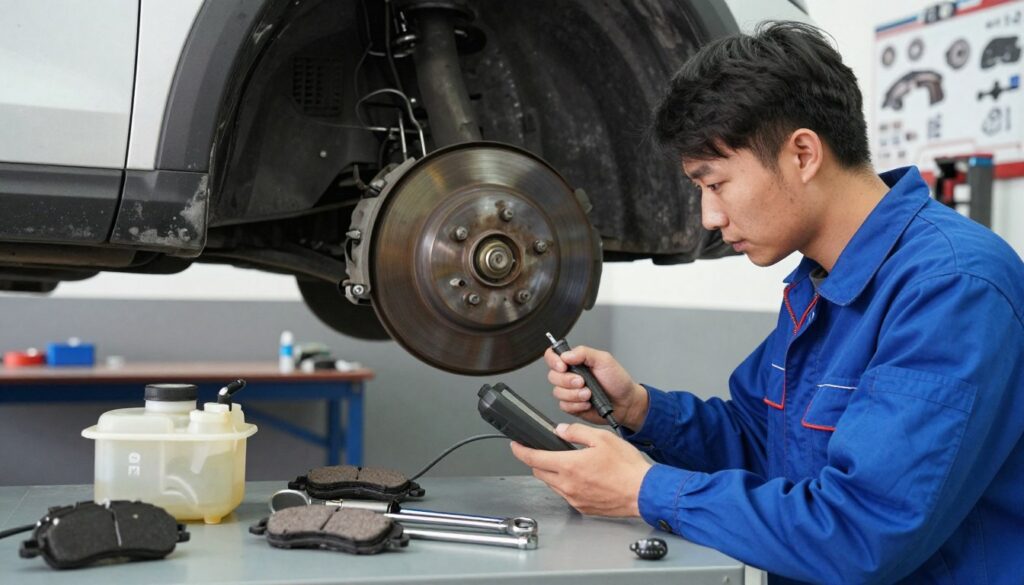 A detailed automotive diagnostic scene focused on brake system inspection. In the foreground, a professional mechanic in a blue uniform is examining a car's brake components, using a diagnostic tool. In the middle ground, visible parts include brake discs, pads, and fluid reservoirs, accompanied by various tools such as wrenches and gauges scattered atop a mechanic's workbench. The background features a well-lit garage with posters of brake system diagrams on the walls. Soft, natural lighting from overhead fluorescent lights creates a clean, professional atmosphere, while a shallow depth of field emphasizes the mechanic’s concentrated expression. The overall mood conveys diligence and precision in diagnosing brake issues step by step.