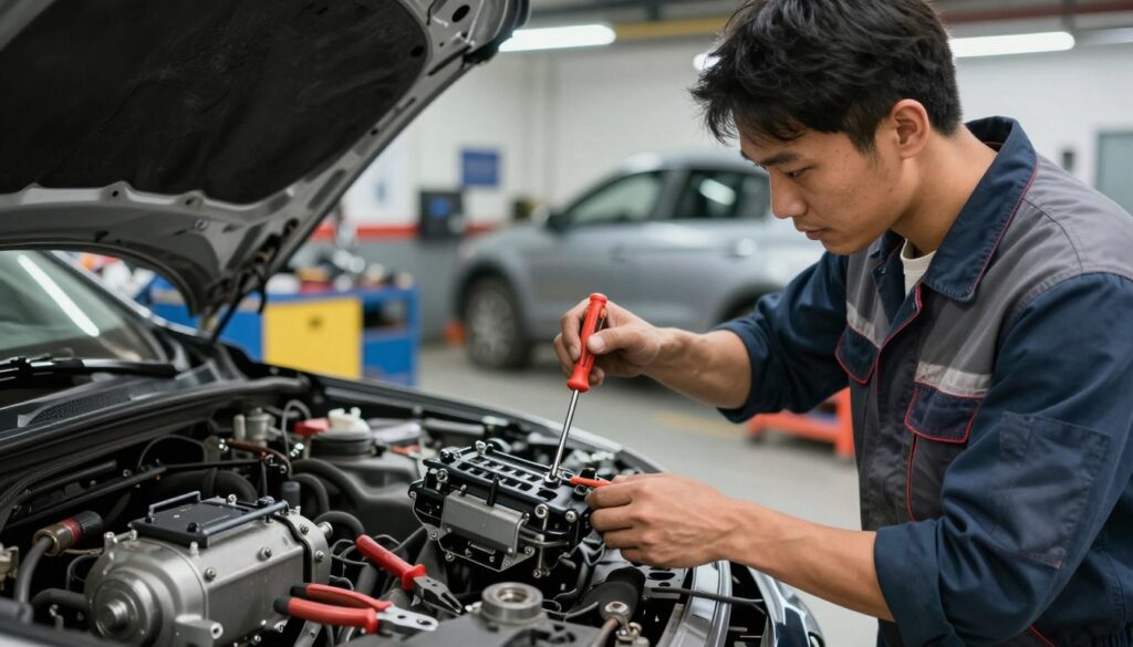 A detailed automotive repair scene depicting a skilled mechanic working on a car window lift mechanism in a well-lit workshop. In the foreground, the mechanic, dressed in professional work attire, is carefully examining the disassembled window regulator and electric motor, using tools like a screwdriver and pliers. The mechanic's focused expression conveys expertise and professionalism. In the middle ground, a workbench is cluttered with tools and car parts, while the background showcases garage equipment and a car partially disassembled, hinting that the repair is in progress. Soft overhead ambient lighting enhances the industrious atmosphere, creating a realistic and informative portrayal of the repair process.