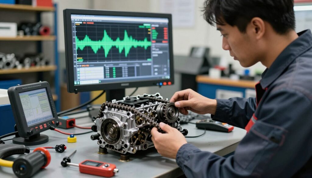 A detailed automotive workshop scene focused on diagnosing a loose timing chain. In the foreground, a mechanic, dressed in professional work attire, examines an engine with a timing chain exposed. Various diagnostic tools are scattered around the workbench, highlighting technical intricacies. The middle ground features a large wall-mounted diagnostic display showing acoustic analysis graphs and metrics related to engine performance. The background includes shelves filled with spare parts and equipment, under bright, focused workshop lighting. The mood is serious and technical, conveying a sense of urgency and expertise, with a depth of field that emphasizes the central action of the mechanic while softly blurring the background elements. A detailed automotive workshop scene focused on diagnosing a loose timing chain. In the foreground, a mechanic, dressed in professional work attire, examines an engine with a timing chain exposed. Various diagnostic tools are scattered around the workbench, highlighting technical intricacies. The middle ground features a large wall-mounted diagnostic display showing acoustic analysis graphs and metrics related to engine performance. The background includes shelves filled with spare parts and equipment, under bright, focused workshop lighting. The mood is serious and technical, conveying a sense of urgency and expertise, with a depth of field that emphasizes the central action of the mechanic while softly blurring the background elements.