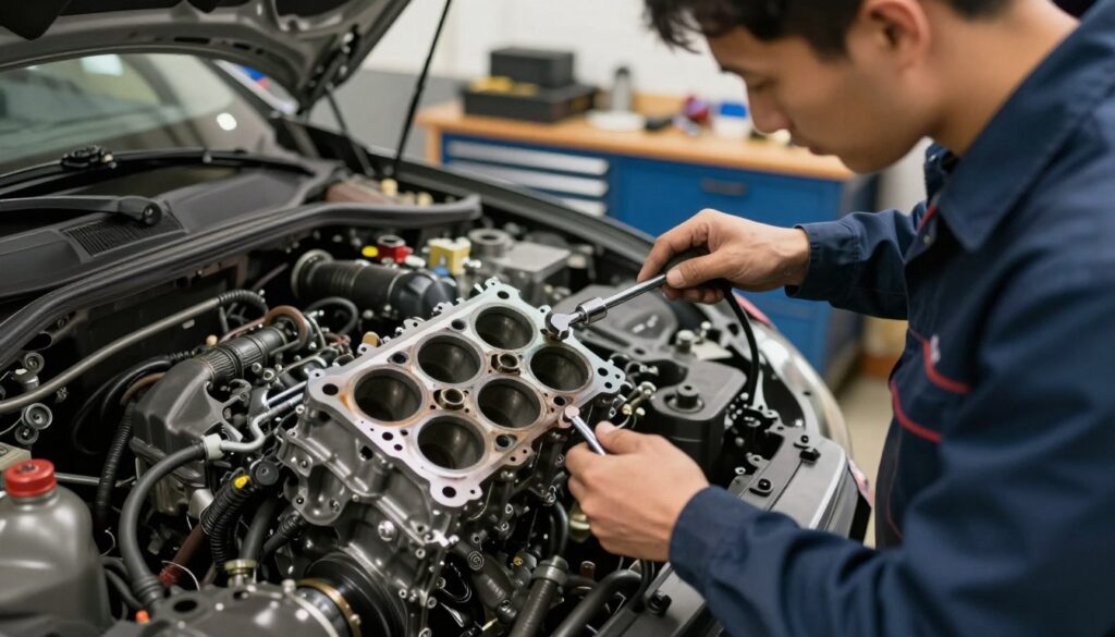 A detailed automotive workshop scene showcasing a mechanic in professional attire meticulously replacing a cylinder head gasket on a car engine. In the foreground, the mechanic is focused, using tools like a torque wrench and gasket scraper, illustrating precision and expertise. The middle section features a disassembled engine with visibly worn gaskets, surrounded by various mechanical components, emphasizing the intricacies of the task. The background includes tool cabinets, a workbench with parts, and industrial lighting casting a warm glow, creating an inviting yet professional atmosphere. The image should convey a sense of diligence and technical skill, without any text or distractions. A detailed automotive workshop scene showcasing a mechanic in professional attire meticulously replacing a cylinder head gasket on a car engine. In the foreground, the mechanic is focused, using tools like a torque wrench and gasket scraper, illustrating precision and expertise. The middle section features a disassembled engine with visibly worn gaskets, surrounded by various mechanical components, emphasizing the intricacies of the task. The background includes tool cabinets, a workbench with parts, and industrial lighting casting a warm glow, creating an inviting yet professional atmosphere. The image should convey a sense of diligence and technical skill, without any text or distractions.