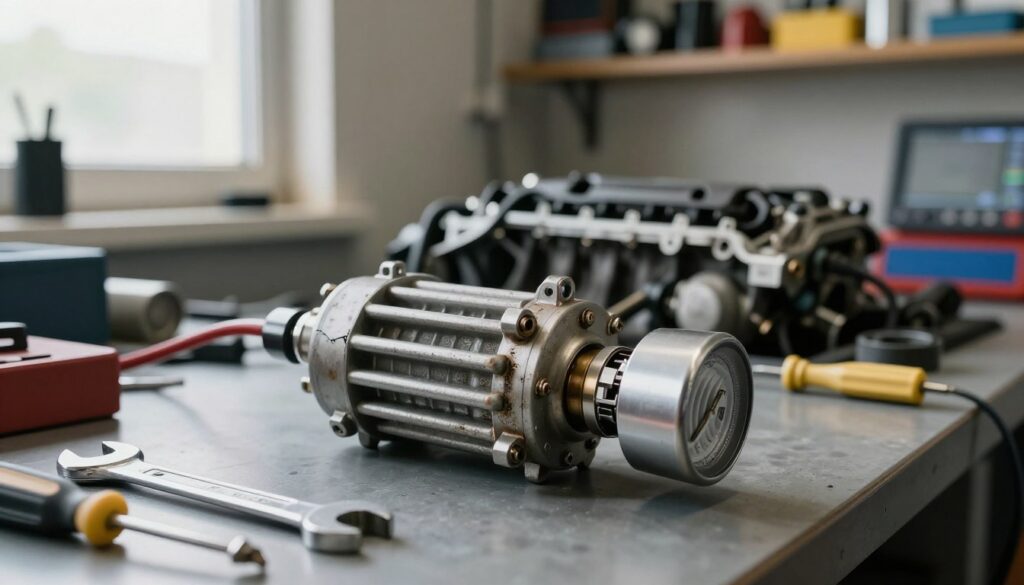 A detailed car thermostat lying on a workbench, illuminated by soft, natural lighting from a nearby window. In the foreground, the thermostat with visible wear shows signs of damage, such as cracks and corrosion, surrounded by simple automotive tools like wrenches and screwdrivers. The middle ground captures a partially disassembled car engine, emphasizing the importance of the thermostat's role in regulating temperature. The background features a mechanic's workshop with organized shelves filled with automotive components and diagnostic equipment, creating a sense of professionalism. The mood is focused and informative, reflecting a serious approach to vehicle maintenance, conveying clear signals and warning signs associated with a malfunctioning thermostat. A detailed car thermostat lying on a workbench, illuminated by soft, natural lighting from a nearby window. In the foreground, the thermostat with visible wear shows signs of damage, such as cracks and corrosion, surrounded by simple automotive tools like wrenches and screwdrivers. The middle ground captures a partially disassembled car engine, emphasizing the importance of the thermostat's role in regulating temperature. The background features a mechanic's workshop with organized shelves filled with automotive components and diagnostic equipment, creating a sense of professionalism. The mood is focused and informative, reflecting a serious approach to vehicle maintenance, conveying clear signals and warning signs associated with a malfunctioning thermostat.