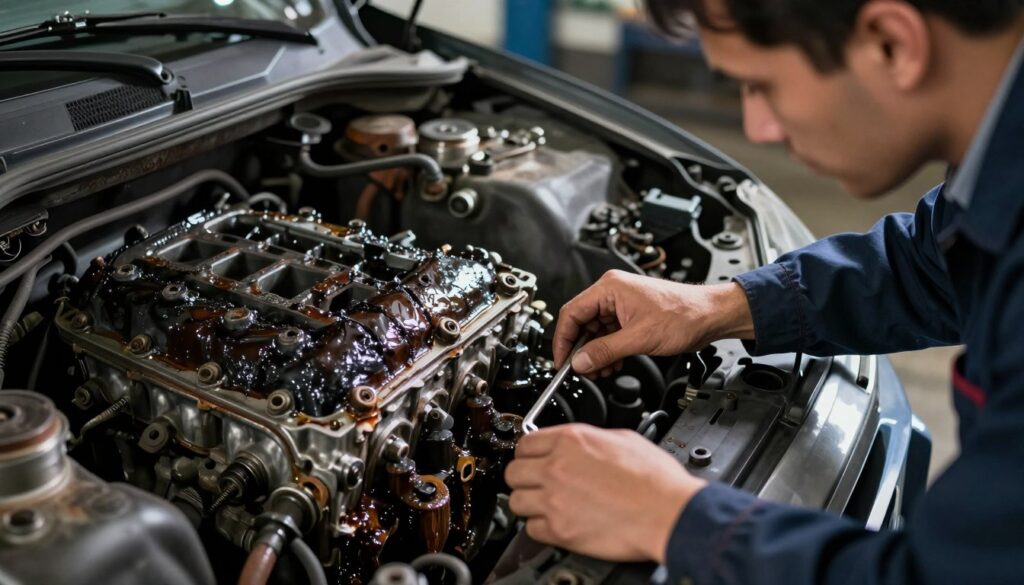 A detailed, close-up image of a car's engine with visible signs of wear and neglect, showing dark, congealed motor oil and rusted components. In the foreground, focus on a mechanic's hands inspecting the damaged parts, wearing professional business attire. In the middle, include a dramatic view of the engine block, revealing cracked seals and leaking oil, with a tool or dipstick placed nearby. The background should feature a dimly lit garage environment, with shadows emphasizing the neglected state of the vehicle. Use high contrast lighting to highlight the oil's texture and the mechanic's expression of concern. The overall mood should be somber, conveying the consequences of poor maintenance and the importance of regular oil changes. A detailed, close-up image of a car's engine with visible signs of wear and neglect, showing dark, congealed motor oil and rusted components. In the foreground, focus on a mechanic's hands inspecting the damaged parts, wearing professional business attire. In the middle, include a dramatic view of the engine block, revealing cracked seals and leaking oil, with a tool or dipstick placed nearby. The background should feature a dimly lit garage environment, with shadows emphasizing the neglected state of the vehicle. Use high contrast lighting to highlight the oil's texture and the mechanic's expression of concern. The overall mood should be somber, conveying the consequences of poor maintenance and the importance of regular oil changes.